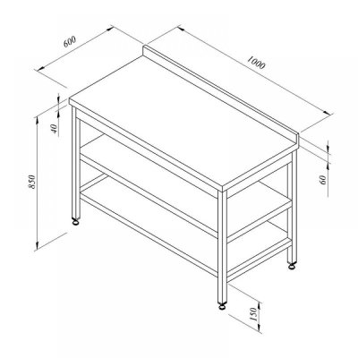 Horecamark Çalışma Tezgahı, Ara Raflı, Sırtlı, 100x60 cm