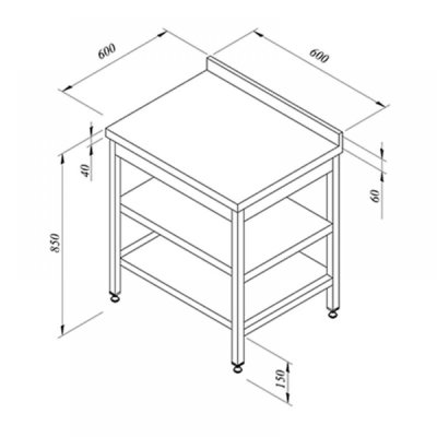 Horecamark Çalışma Tezgahı, Ara Raflı, Sırtlı, 60x60 cm