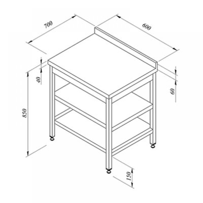 Horecamark Çalışma Tezgahı, Ara Raflı, Sırtlı, 60x70 cm