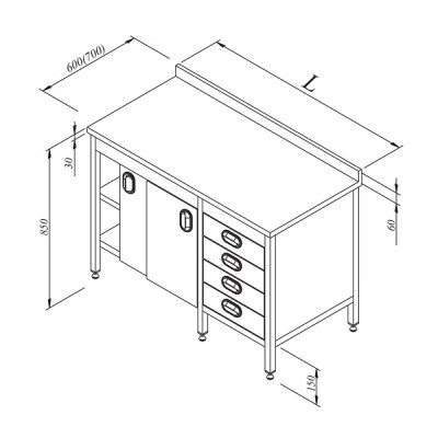 Horecamark Çalışma Tezgahı, Dolaplı, Ara Raflı, Çekmeceli, 160x60 cm