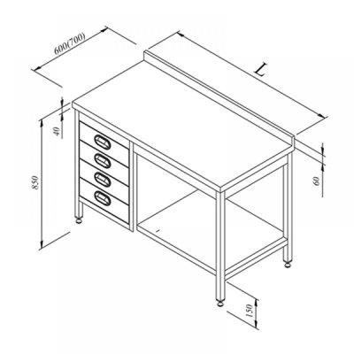Horecamark Çalışma Tezgahı, Taban Raflı, Çekmeceli, Sırtlı, 140x60 cm